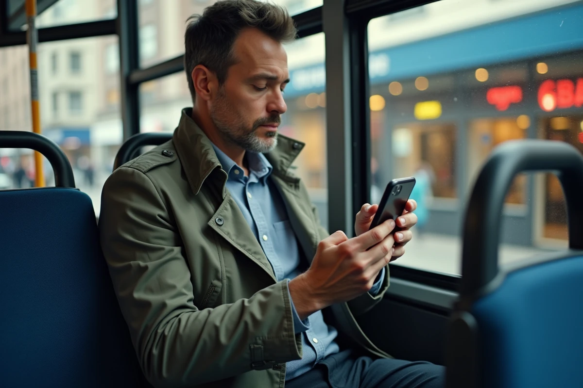 Homme dans un bus utilisant son smartphone