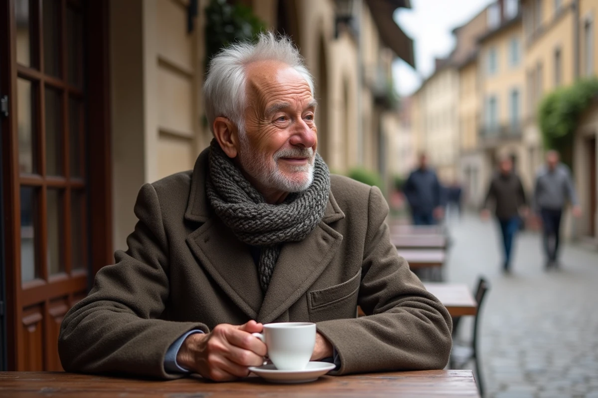 Homme âgé dégustant un café dans un village d