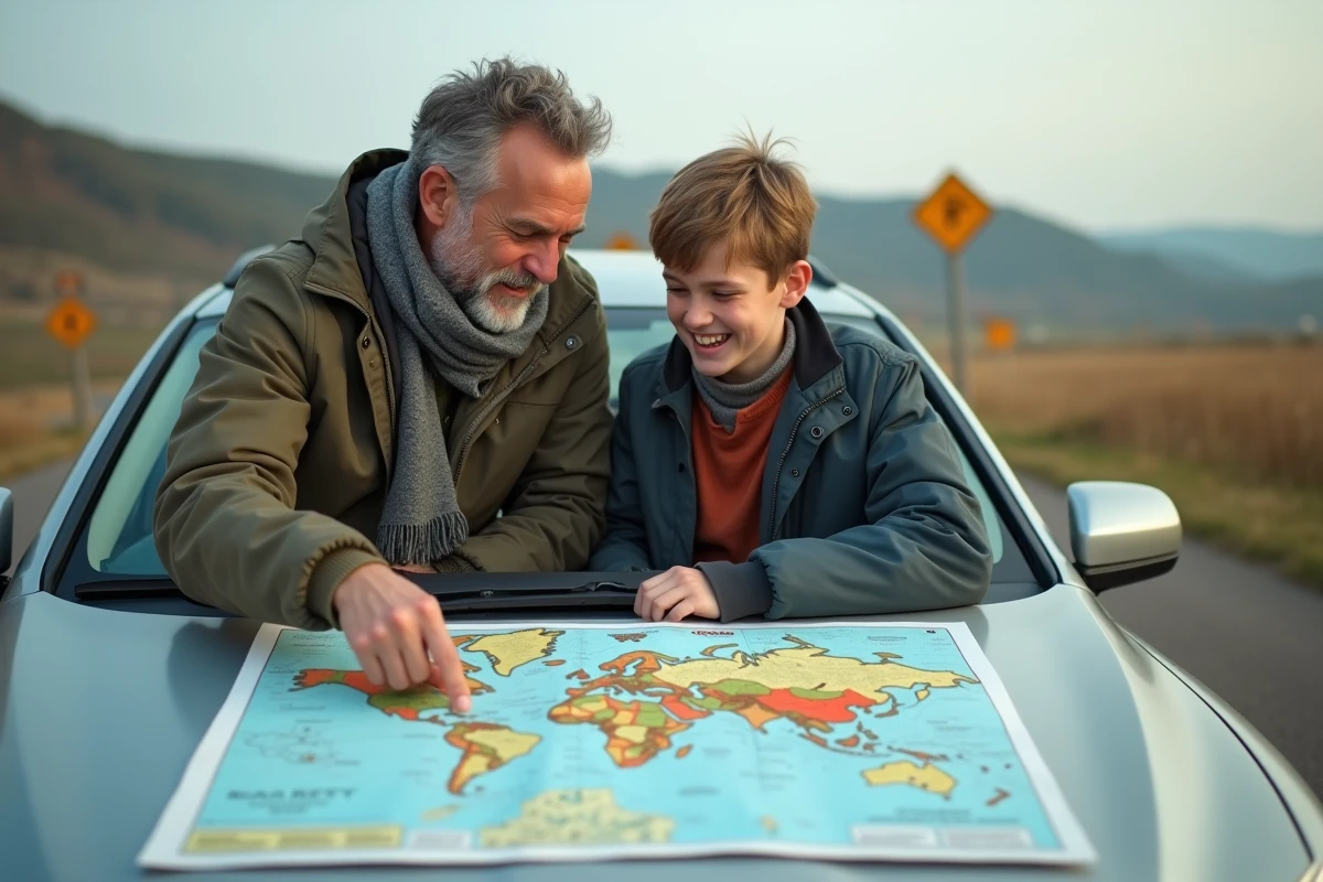 Homme montrant une carte à un adolescent près d