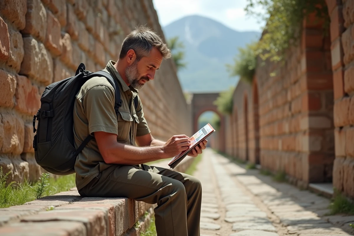 Homme consultant sa carte touristique volcans dans les ruines antiques de Pompéi avec le Vésuve en arrière-plan