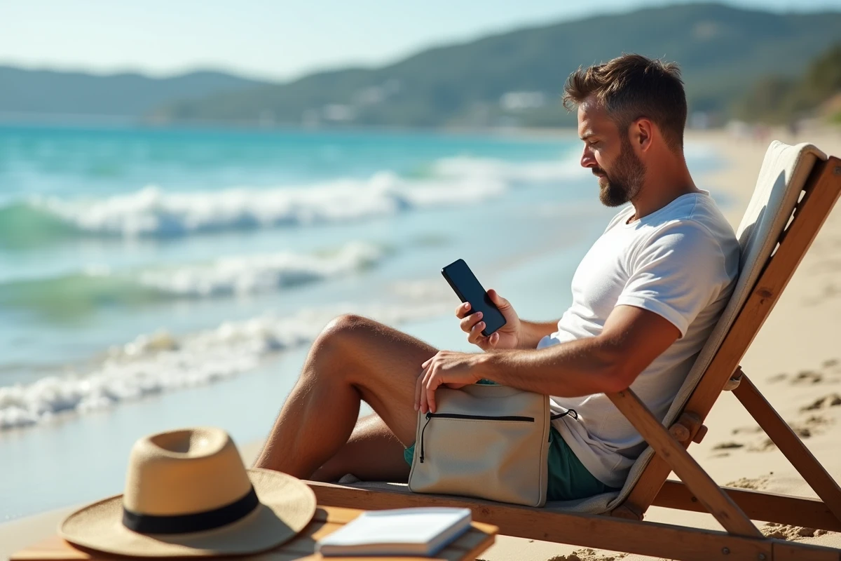 Homme détendu sur chaise plage avec sac et téléphone