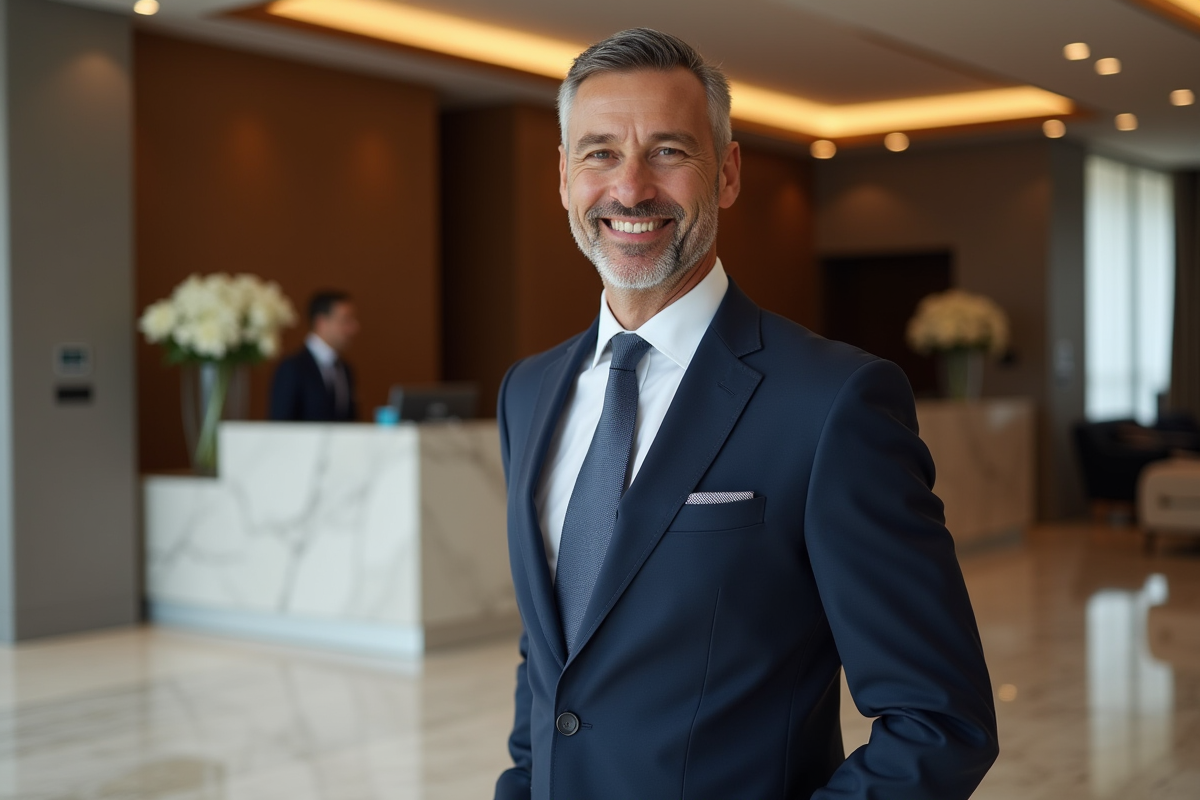 Homme en costume dans un hôtel de luxe moderne