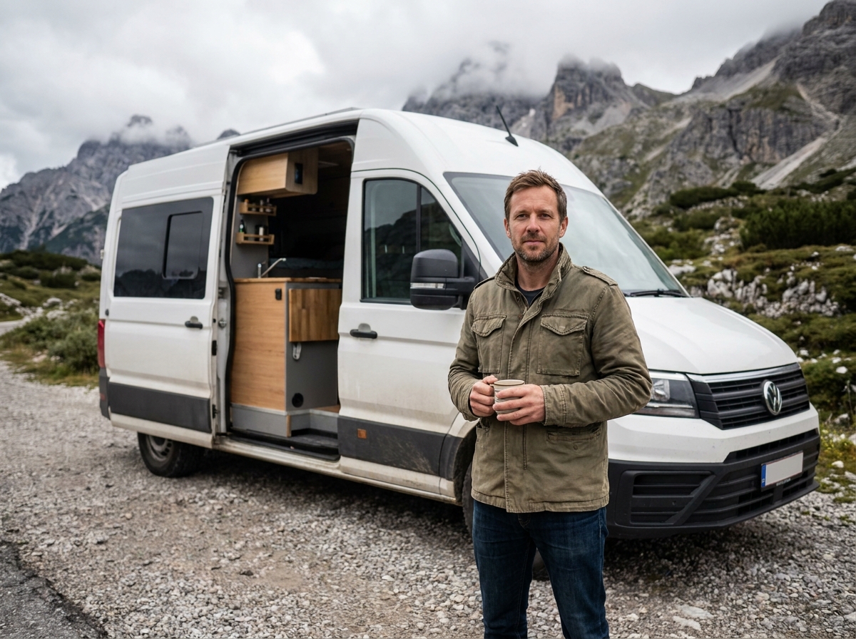 Homme inspectant l'intérieur d'un van aménagé blanc garé sur une route de montagne