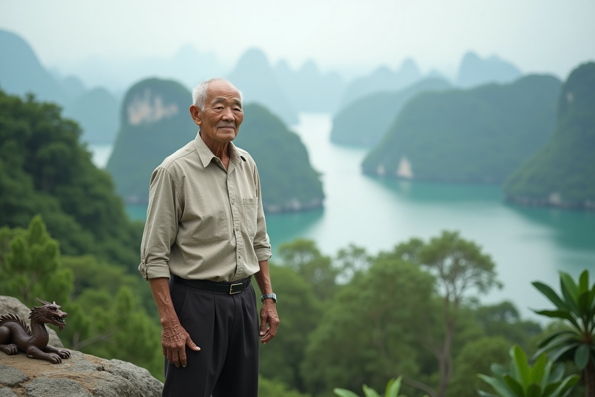 Homme vietnamien avec figurine de dragon à Ha Long