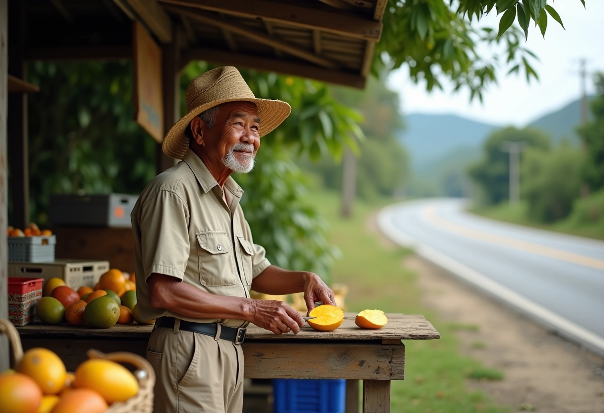 Homme philippin âgé coupant une mangue sur le marché