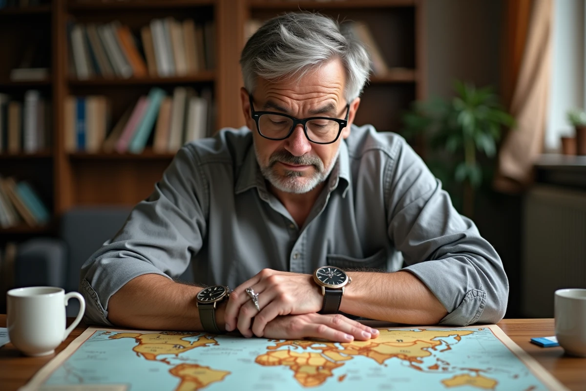 Homme comparant deux montres analogiques devant un atlas ouvert sur la carte des fuseaux horaires mondiaux