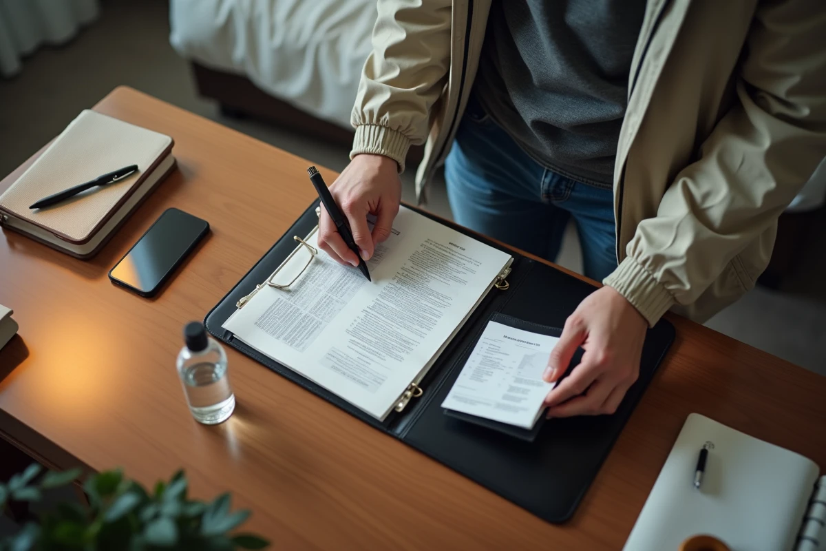 Jeune homme organisant ses papiers dans une chambre d hotel
