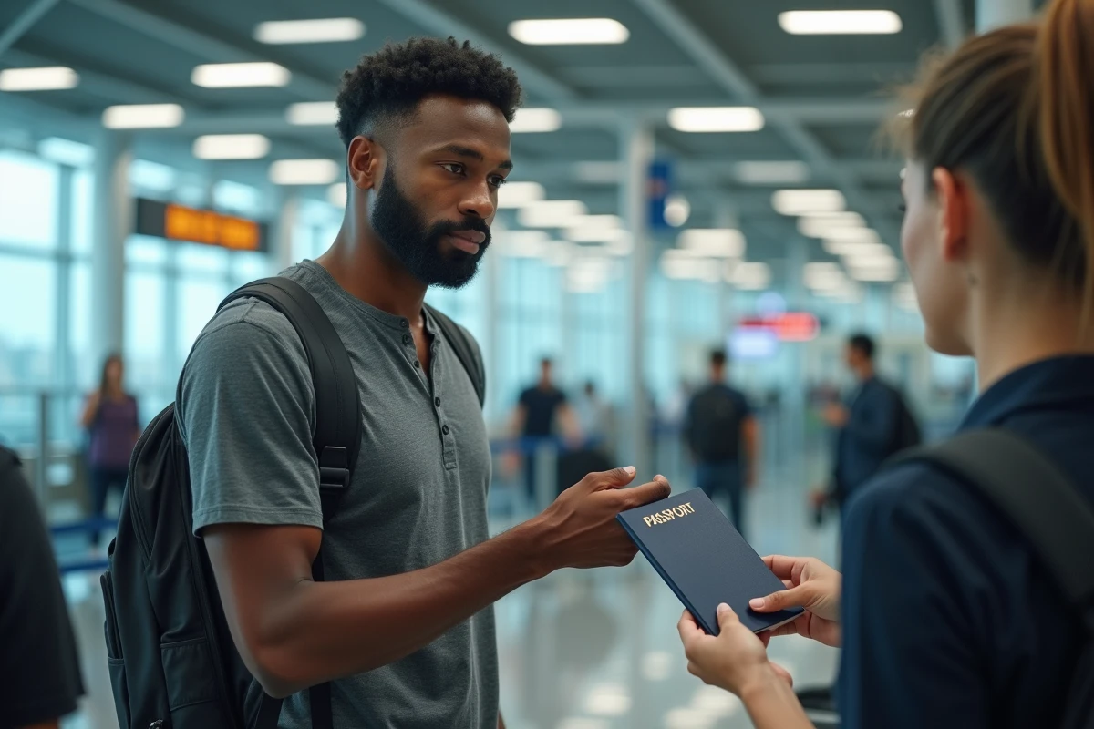 Homme remettant son passeport au comptoir d'enregistrement d'un aéroport international avant un voyage