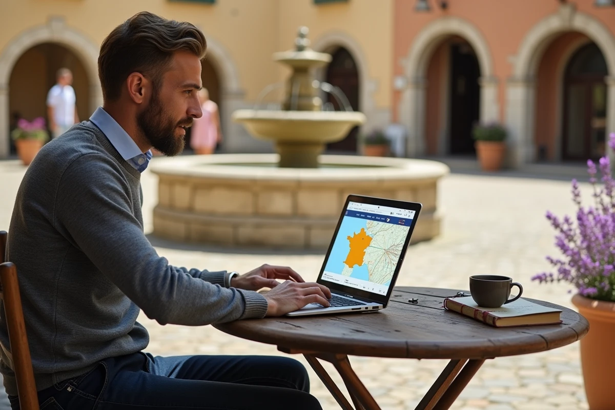 Homme préparant son road trip en France avec le planificateur d'itinéraire Mappy sur un ordinateur portable en terrasse de café provençal