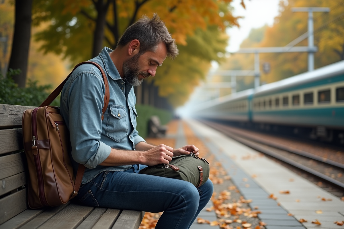 Homme arrangeant son sac weekender sur une plateforme extérieure