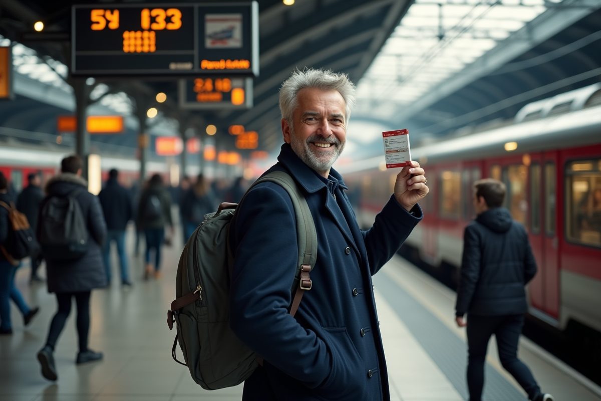 Homme avec passe Eurail sur plateforme de train en station européenne