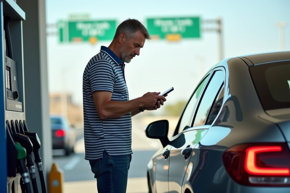 Homme vérifiant son téléphone à la station essence