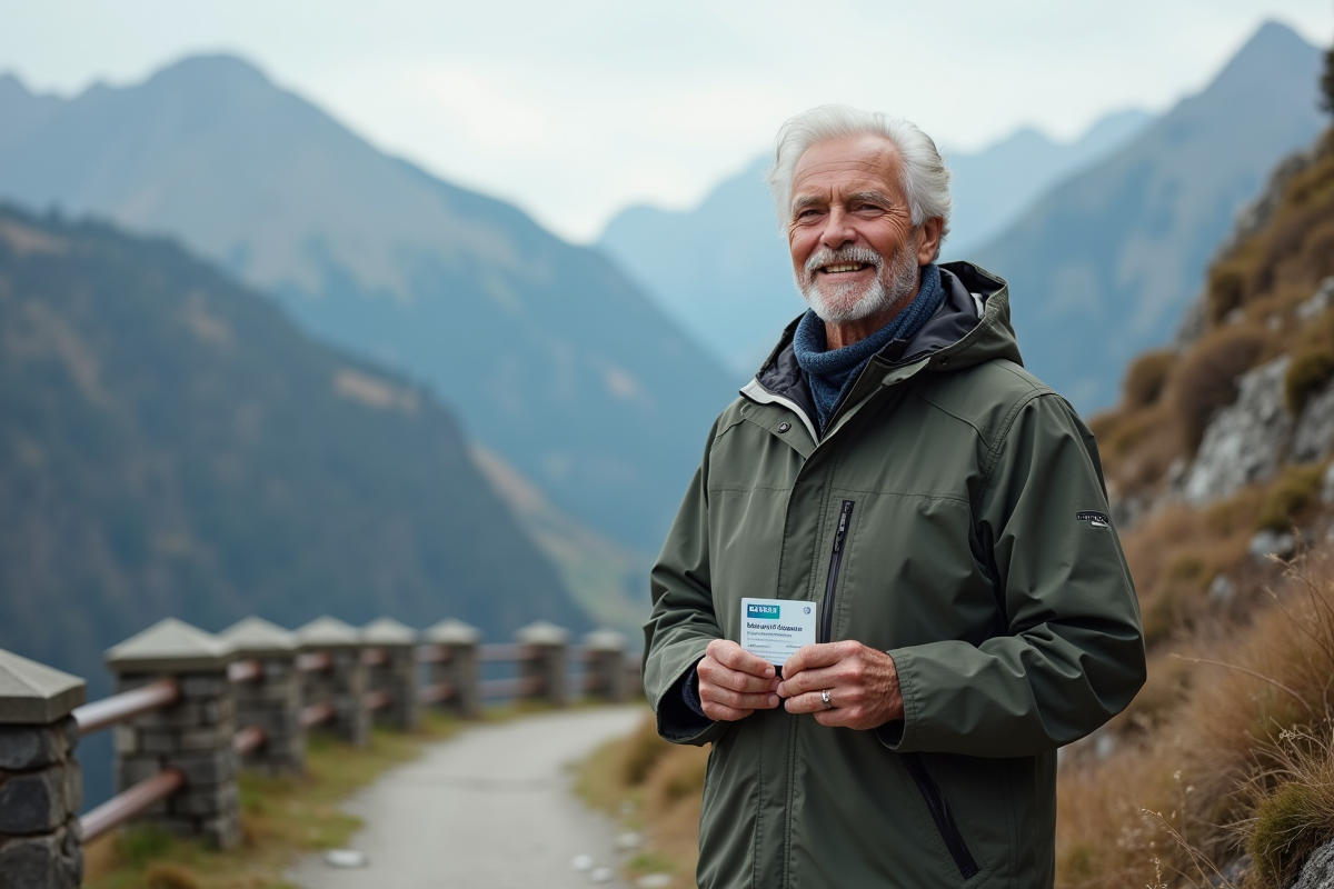 Homme d age en vetements de randonnee au sommet d une montagne