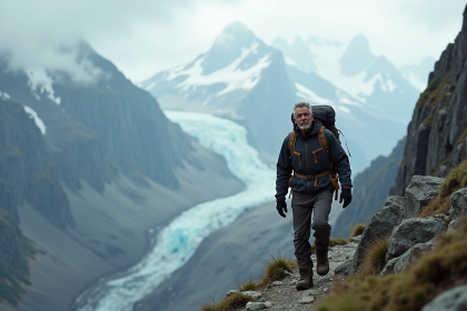 Homme randonneur seul sur une crête de montagne escarpée