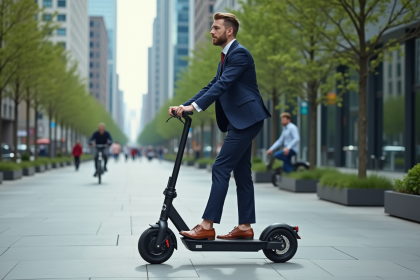 Jeune homme urbain en costume roulant en scooter dans la ville