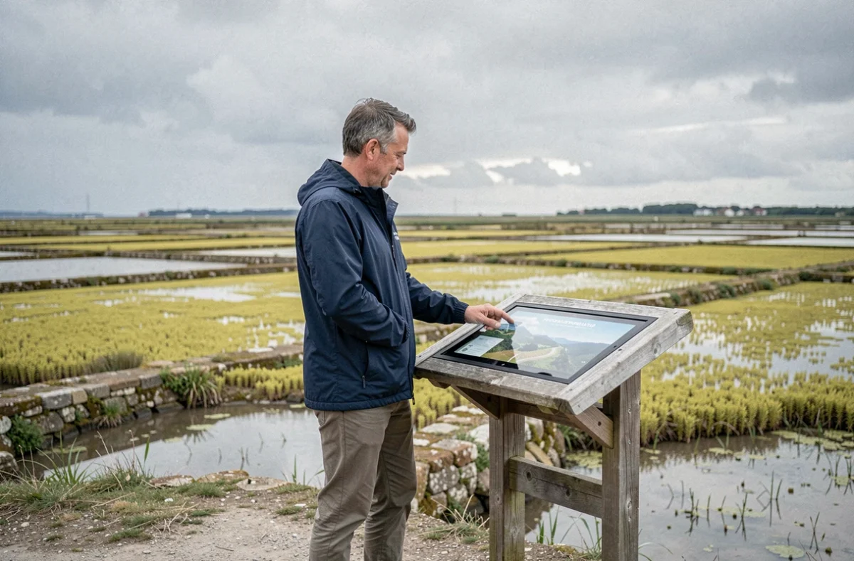 Homme utilisant un simulateur de visite touristique sur tablette près des marais salants de Guérande