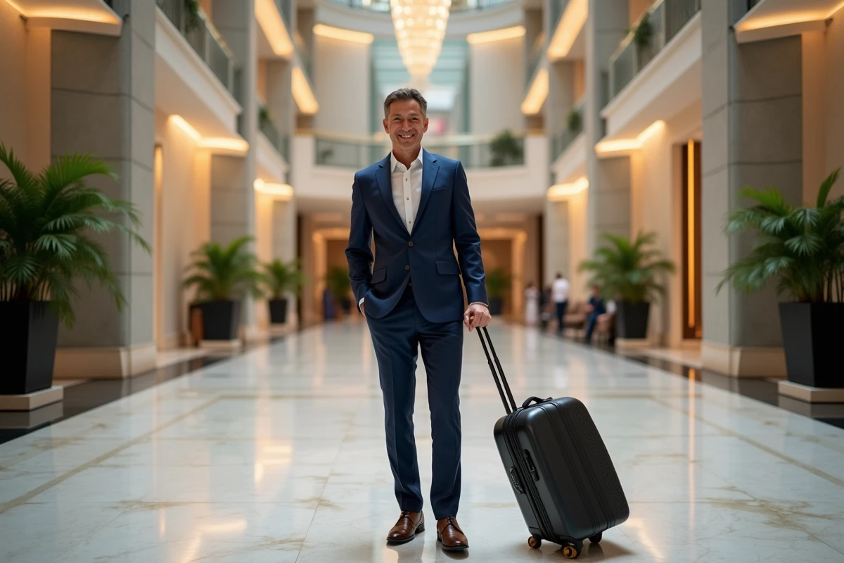 Homme élégant en costume dans le lobby du plus grand hotel