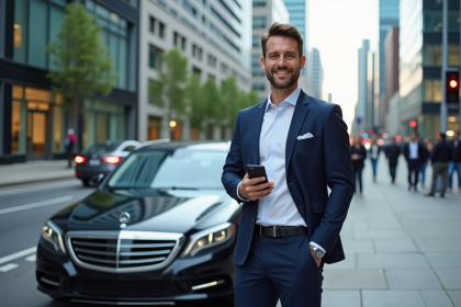 Homme en costume bleu avec smartphone devant une voiture en ville