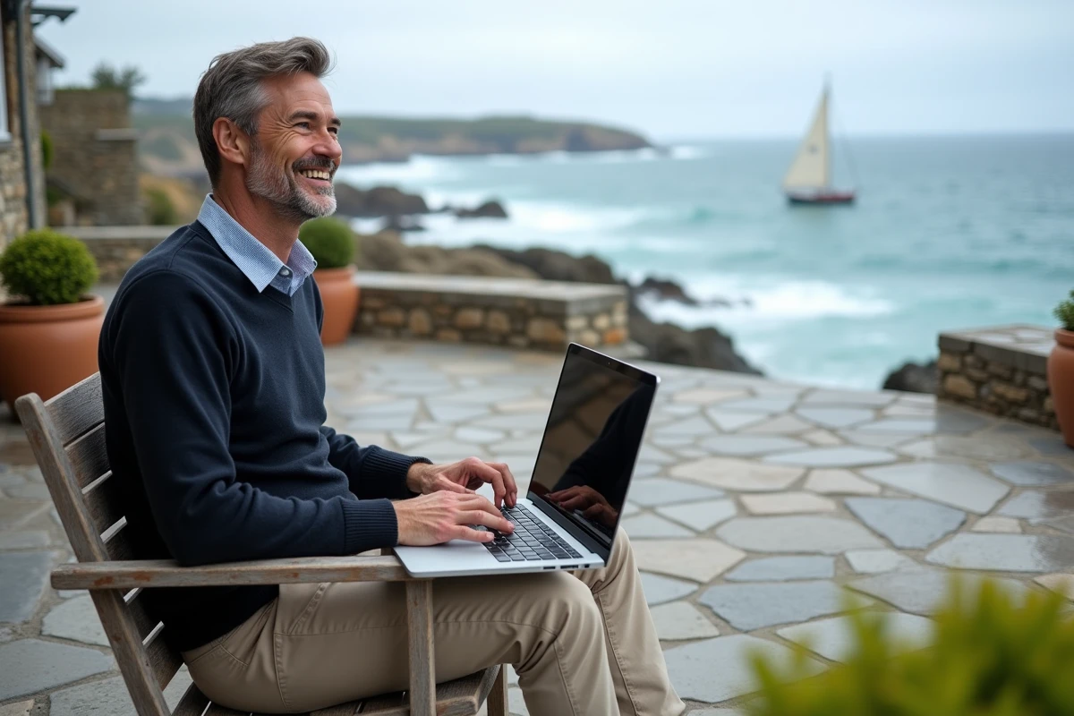 Homme souriant sur terrasse face à l