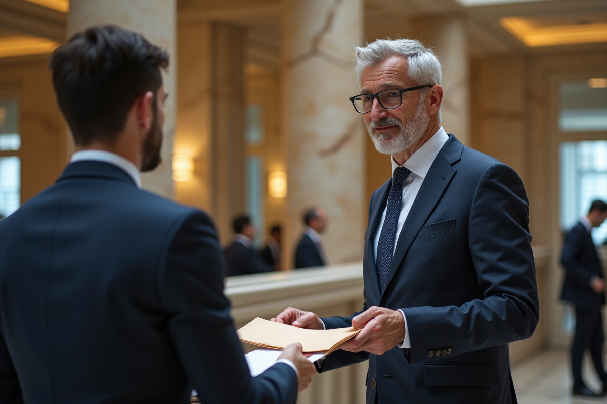 Homme français remet des documents à un conseiller bancaire