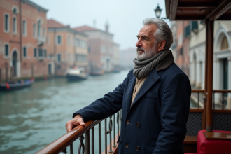 Homme venetien en veste marine sur un vaporetto