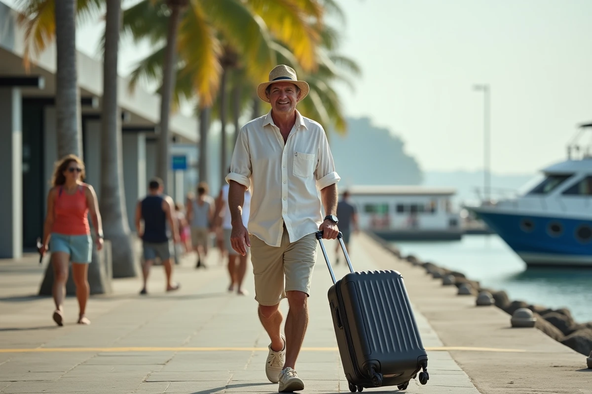 Homme avec valise au port de Sanur en voyage