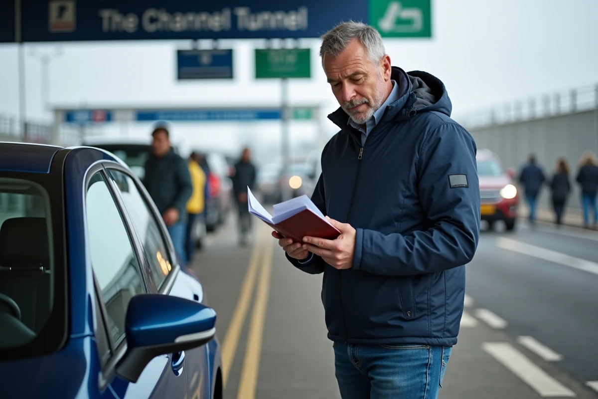 Homme d'âge moyen vérifiant ses documents au terminal Eurotunnel