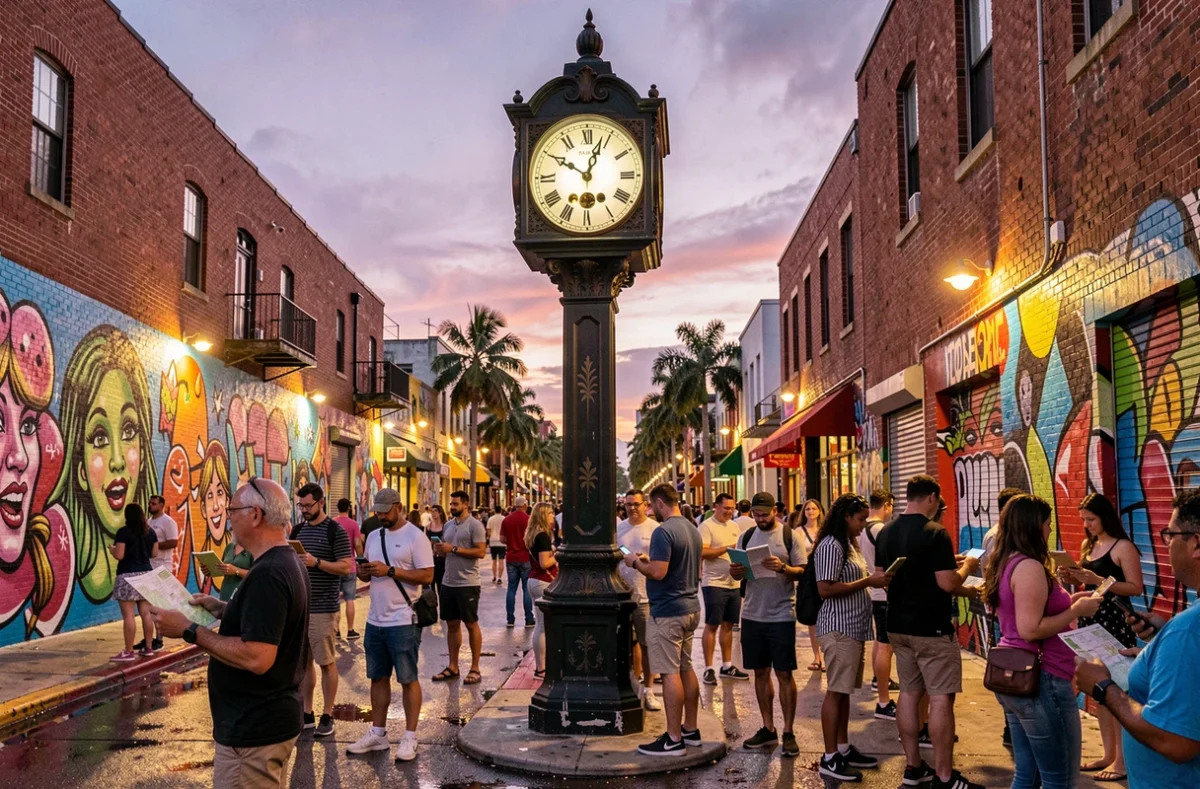 Tour d'horloge publique dans le quartier Wynwood de Miami illustrant le décalage horaire saisonnier