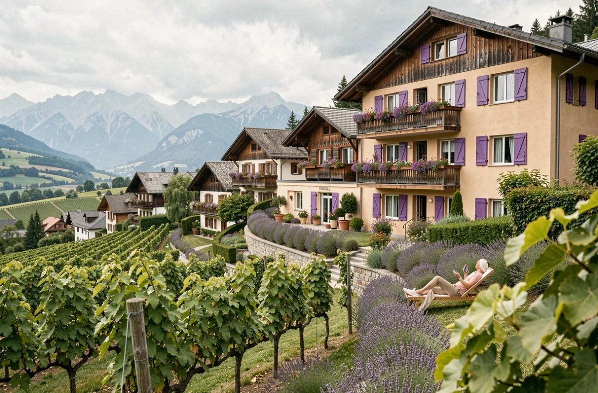 L'Hôtel & Résidence Les Violettes à Jungholtz avec ses balcons fleuris et sa vue sur les vignobles alsaciens