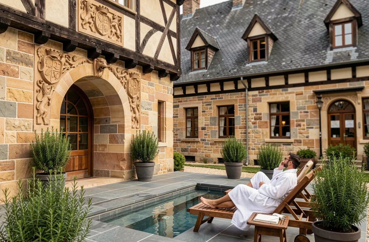 Terrasse spa de l'Hôtel & Spa Aux Armes de France à Ammerschwihr avec sa façade à colombages et son bassin extérieur