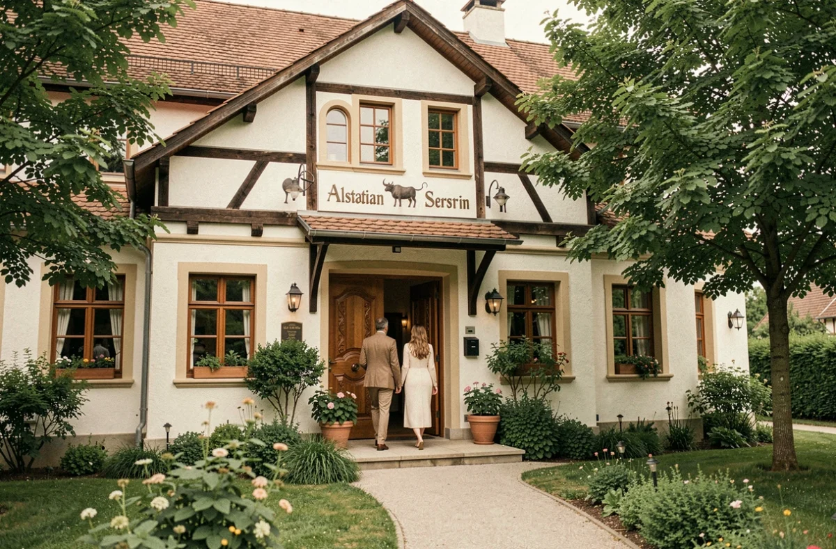 Façade de l'Hôtel & Spa Au Bœuf à Sessenheim avec son entrée en bois sculpté et son jardin soigné