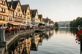 Vue panoramique d'un bord de lac alsacien avec façades à colombages et hôtels reflétés dans l'eau calme