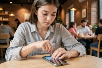 Jeune femme insérant une carte SIM Saily dans son smartphone dans un café moderne