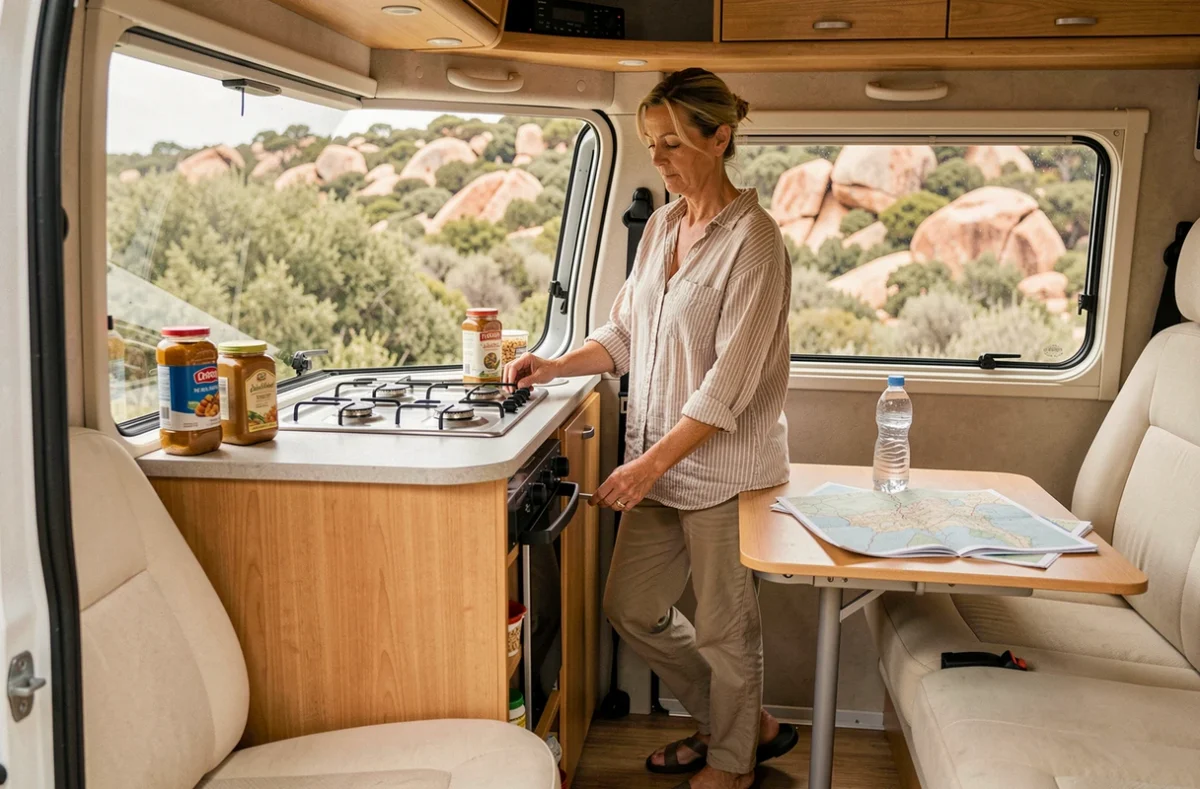 Intérieur d'un camping-car aménagé avec vue sur le maquis corse typique de la région de Palombaggia