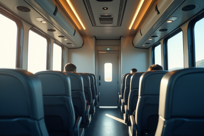 Intérieur d'un coach moderne avec sièges confortables et toilettes