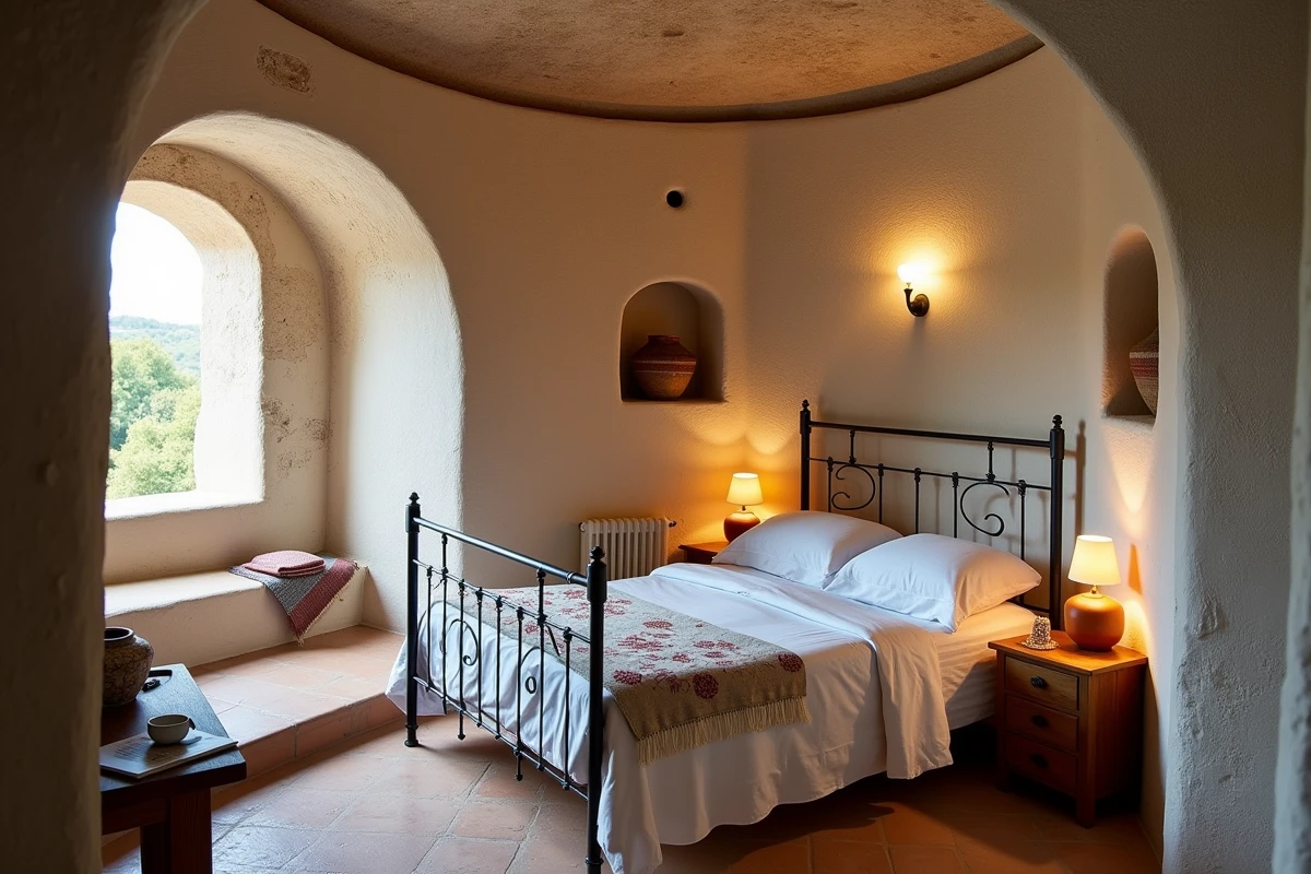 Intérieur authentique d'un trullo transformé en chambre d'hôtes avec voûte conique en pierre et lit en fer forgé à Alberobello
