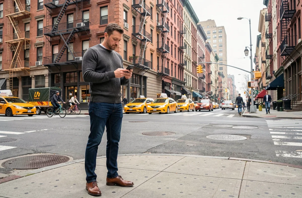 Homme consultant son itinéraire sur smartphone à un carrefour entre SoHo et le sud de Manhattan