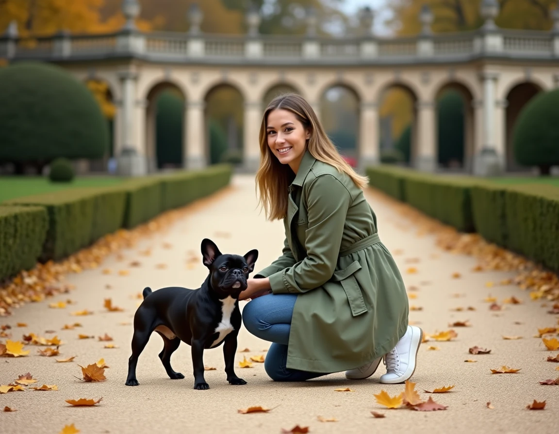 Jeune femme avec son bouledogue français dans un jardin public parisien dog friendly aux allées de gravier