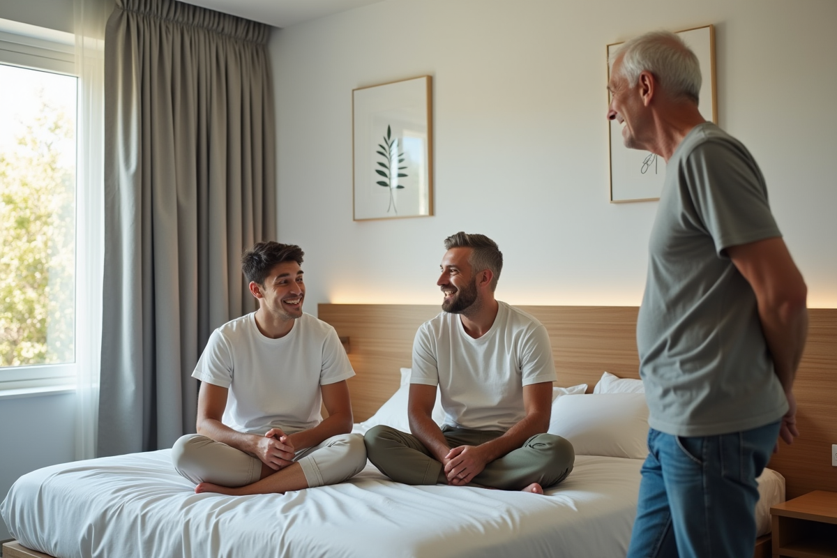 Jeune couple discutant avec un homme dans une chambre lumineuse