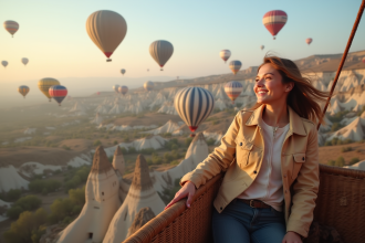 Jeune femme dans un ballon au-dessus de Cappadoce