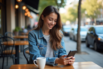 Jeune femme au cafe utilisant son smartphone pour covoiturage