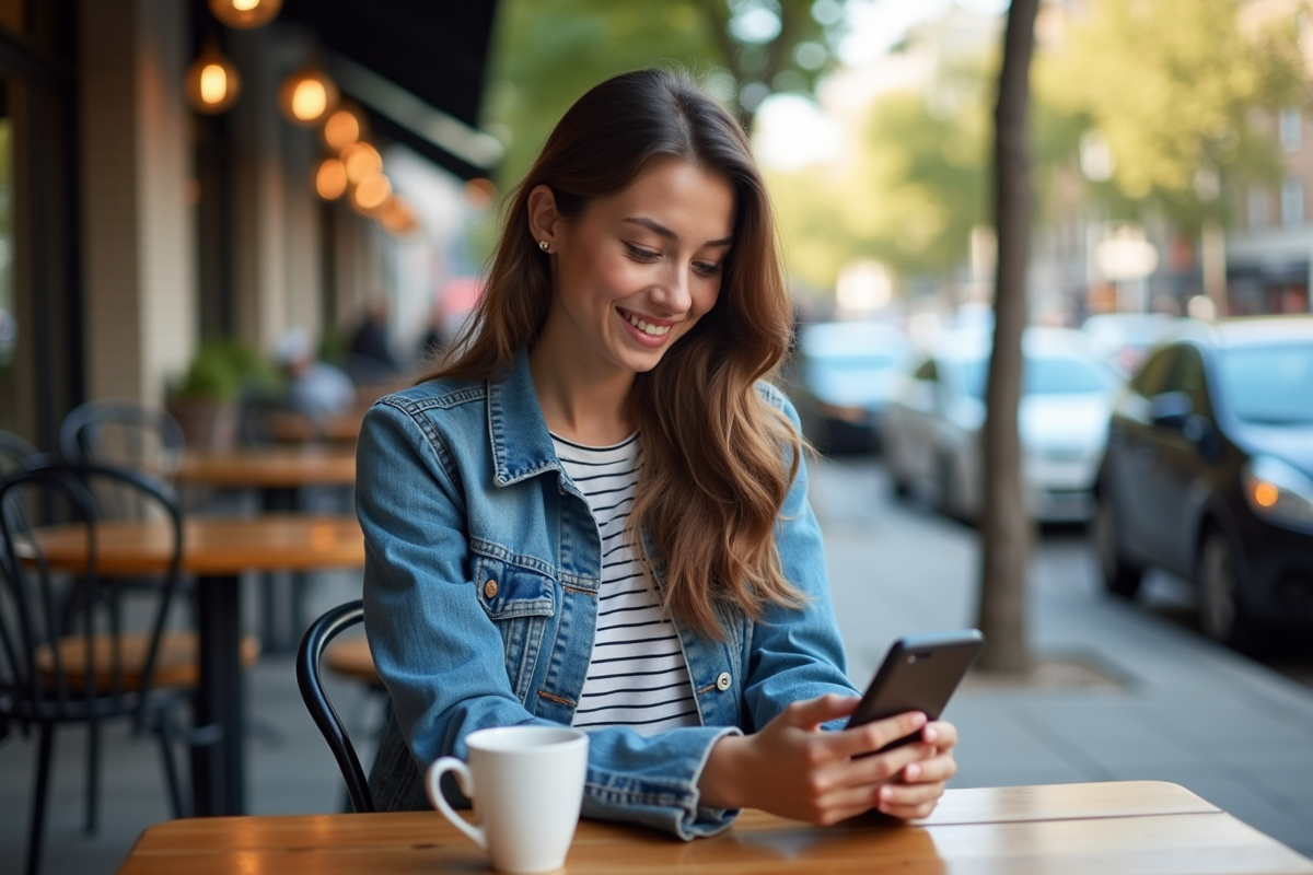Jeune femme au cafe utilisant son smartphone pour covoiturage