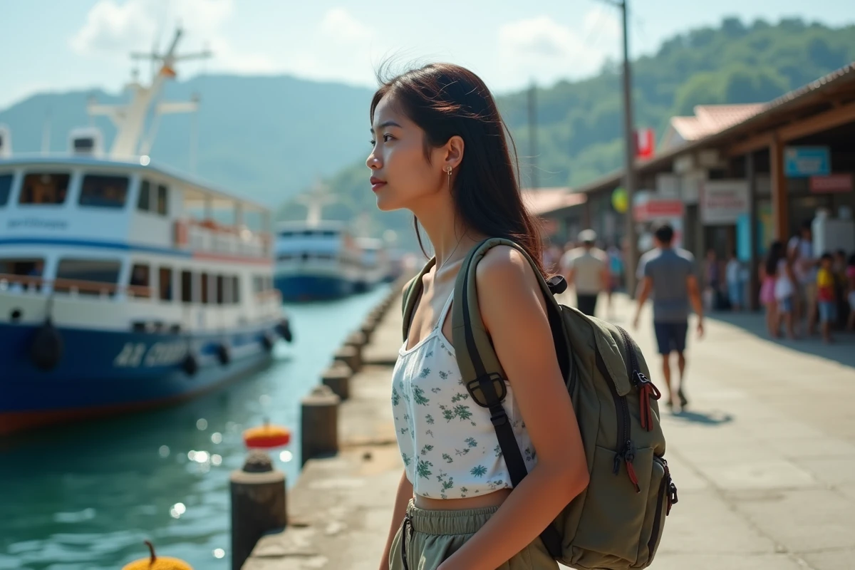 Jeune femme indonesienne attend au port de Padangbai