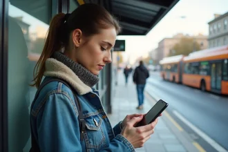 Jeune femme avec smartphone à un arrêt de bus