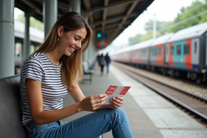 Jeune femme souriante avec billet de train à la gare