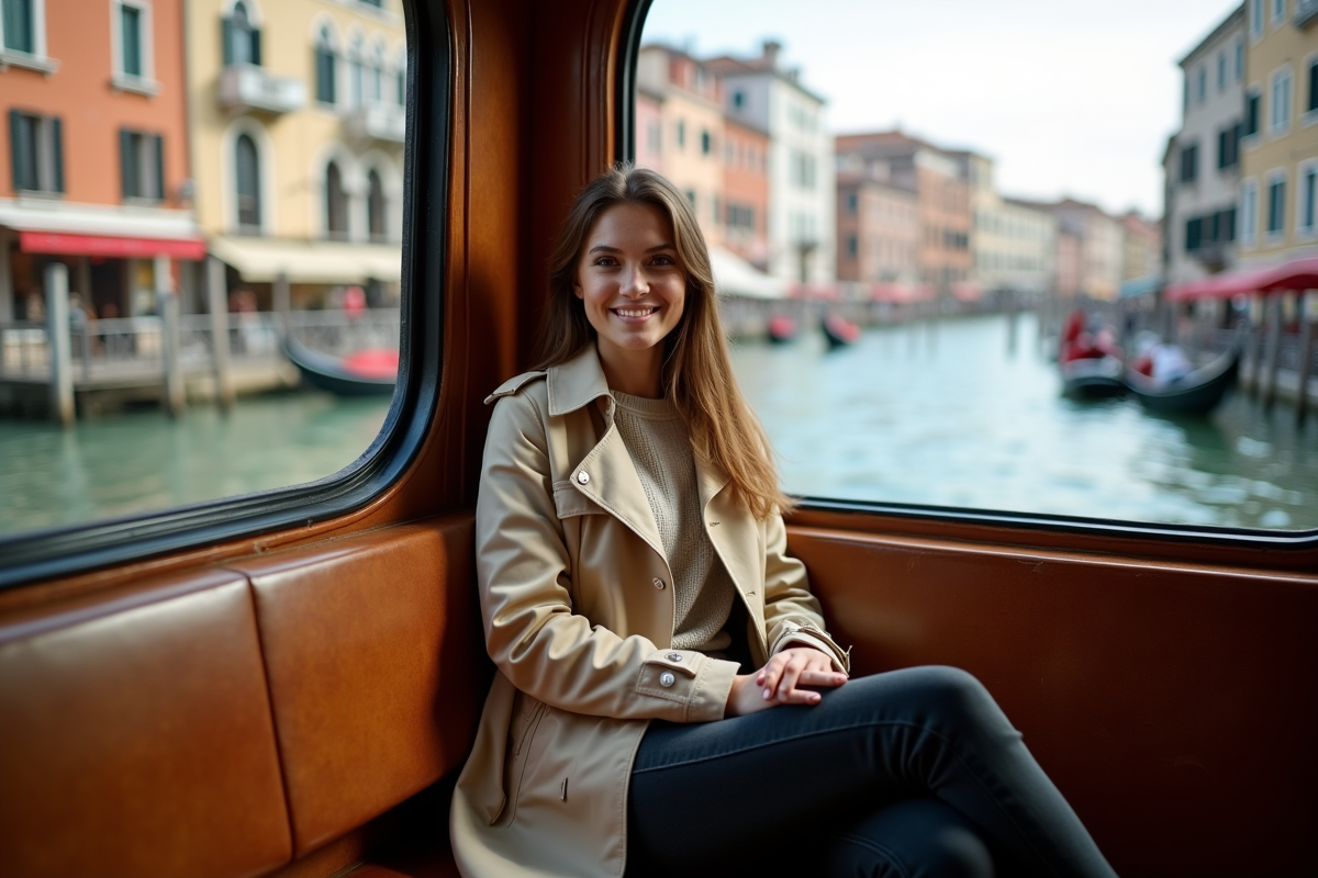 Jeune femme dans un vaporetto regardant dehors