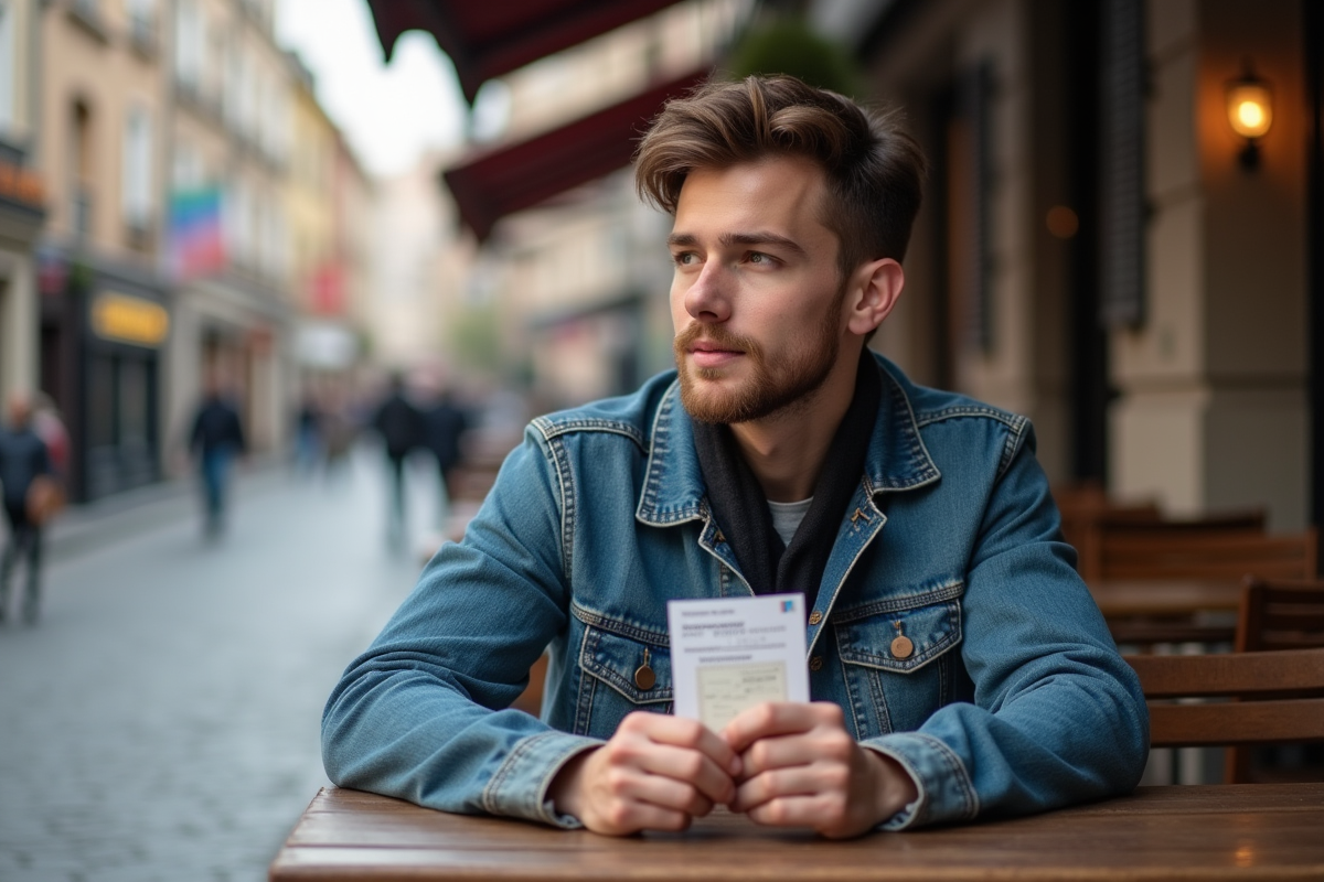 Jeune homme avec permis de séjour dans un café en ville