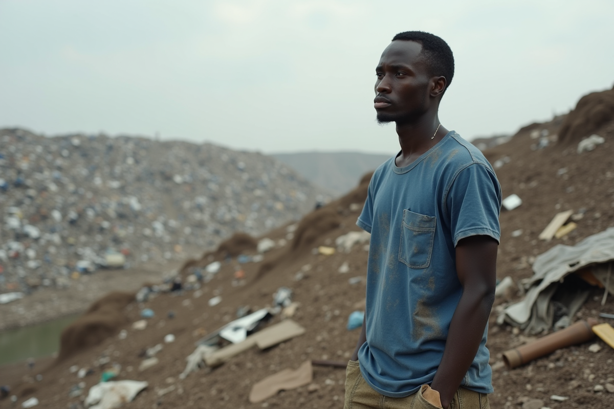 Jeune homme africain devant une décharge à ciel ouvert
