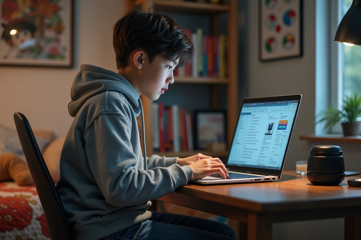 Jeune garçon de 16 ans ajustant des réglages sur son ordinateur dans sa chambre