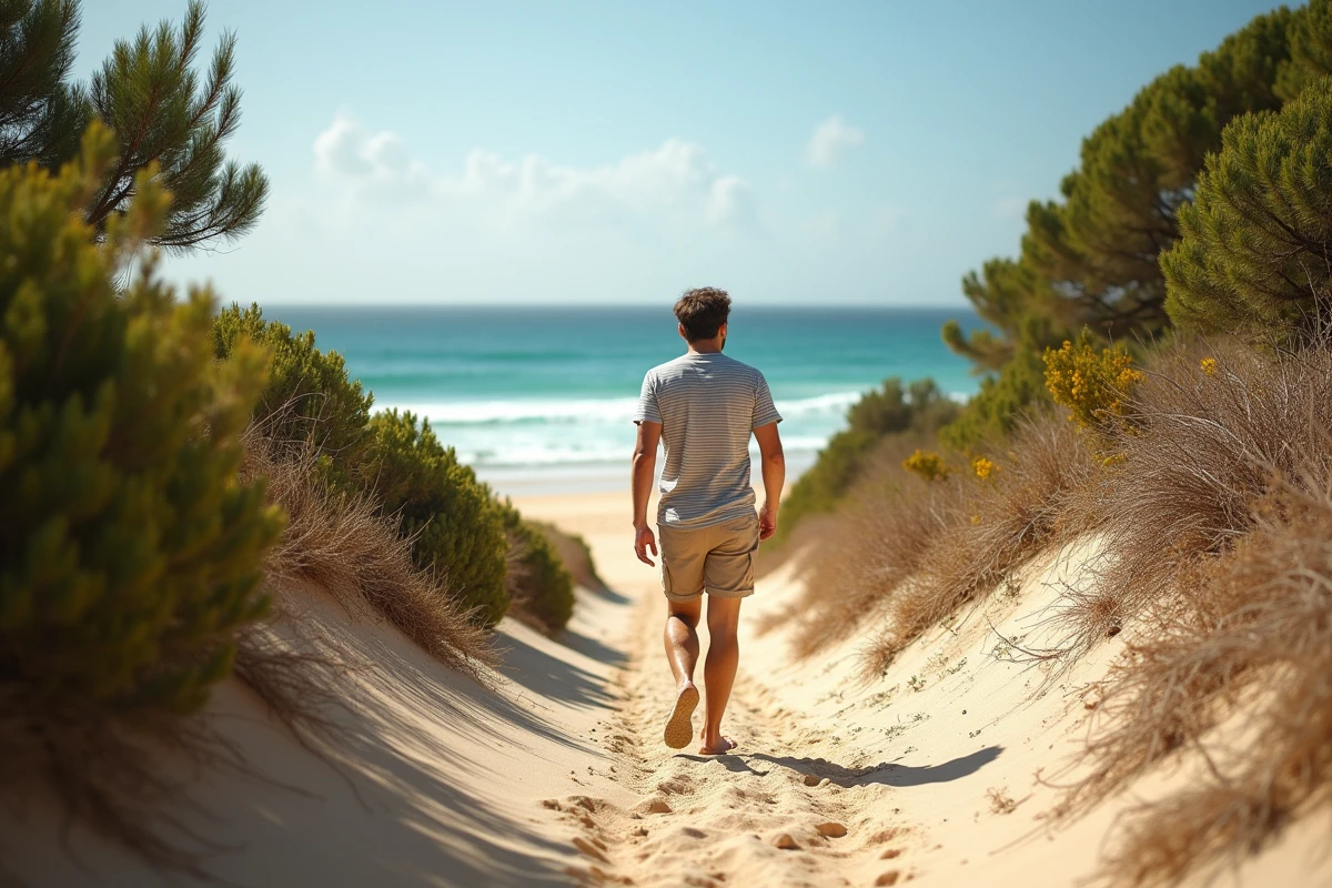 Jeune homme marche sur un sentier sableux vers la plage
